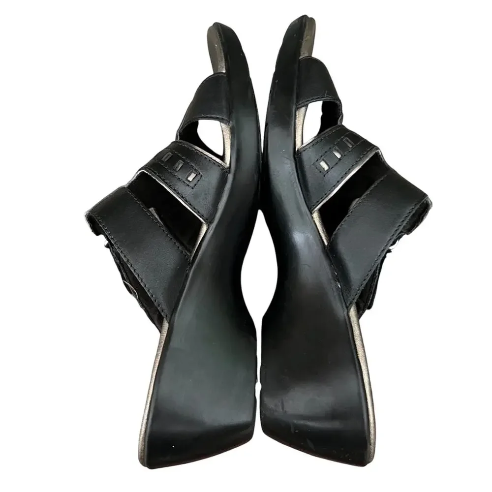 Clarks Bendables Ella Celtic Sandals 8.5 Black Leather Laser Cutout Wedge Slide